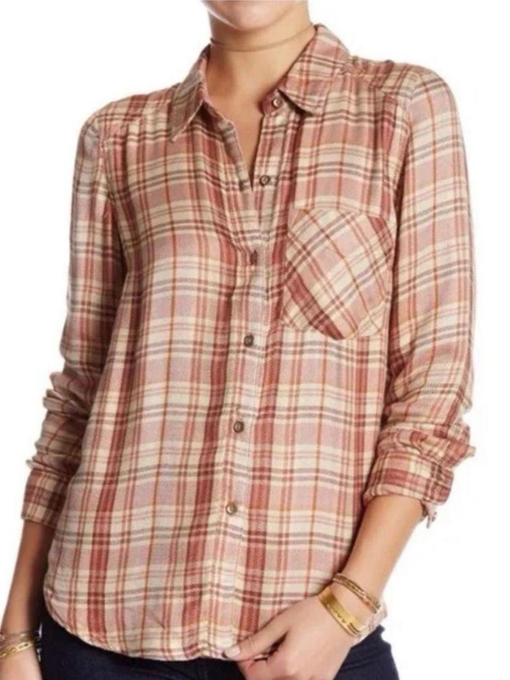 Free People Joplin Plaid Button Down Shirt Relaxed Fit, Pocket Sz S